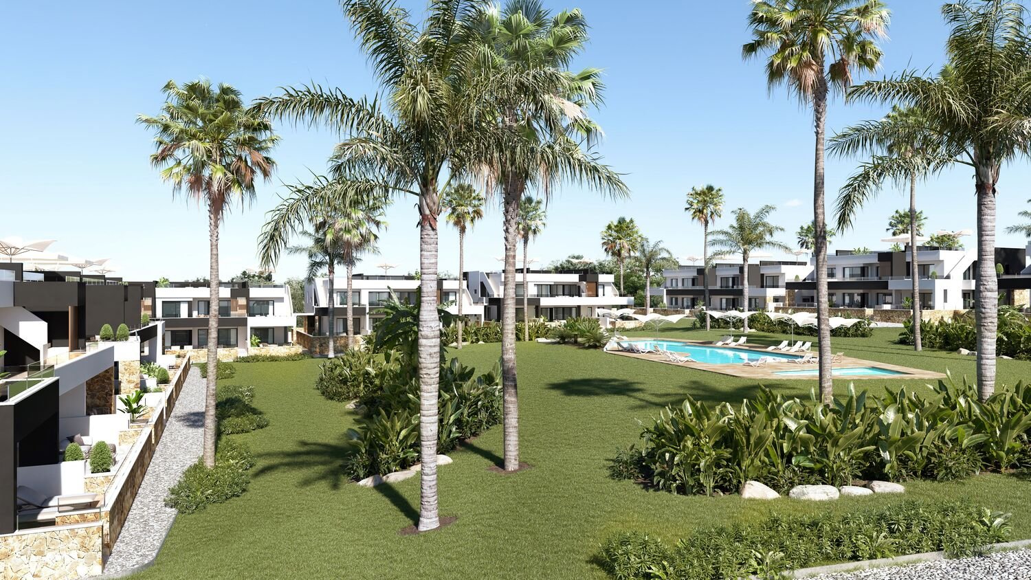 Impressie van woningen met een gemeenschappelijk zwembad
